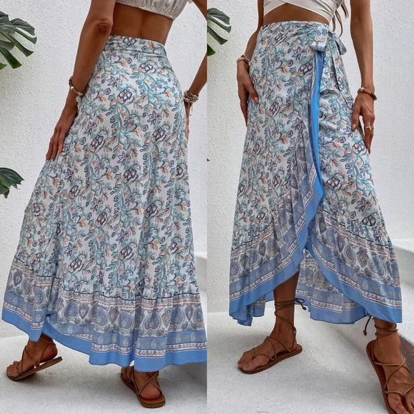 π BOHO BLUE FLORAL WRAP HIGH WAIST RUFFLE MAXI SKIRT! - Picture 3 of 8